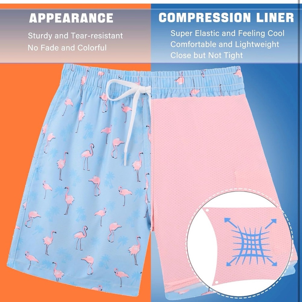 Blue Flamingo Print Swim Trunks with Pink Liner - Picture 4 of 12